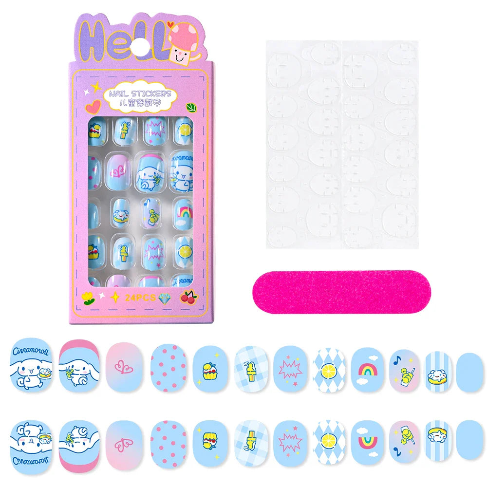 12pcs Kids 3D Stereo Sanrio Fake Nails Patch Sweet Girls Cute Cartoon Hello Kitty press on nails Kuromi Child Wearable FalseNail
