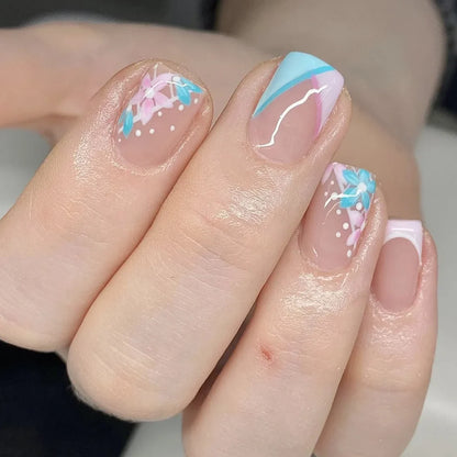 24Pcs Short Square Head Fake Nails with Glue Colorful Flower Design Press on False Nails Wearable Finished Full Cover Nail Tips