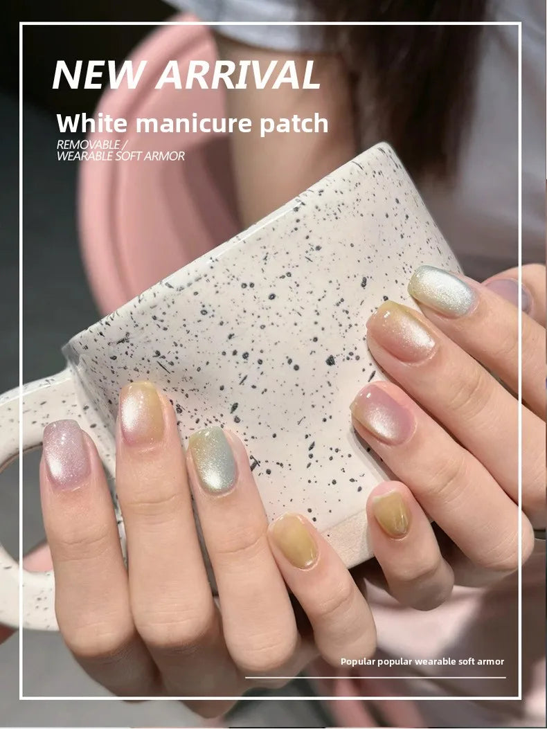 30Pcs Rainbow Color Glow Cat Eye Press on False Nails with Glue Glitter Short Square Nails Sweet Cool Gradient Summer Fake Nails