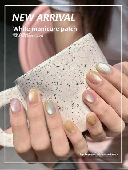 30Pcs Rainbow Color Glow Cat Eye Press on False Nails with Glue Glitter Short Square Nails Sweet Cool Gradient Summer Fake Nails