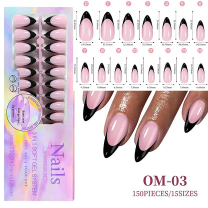 150Pcs/Box Acrylic Press on Nails Full Cover Fake False Tips Soft Gel Extension T-shaped Oval Capsule Almond Sculpted Salon DIY