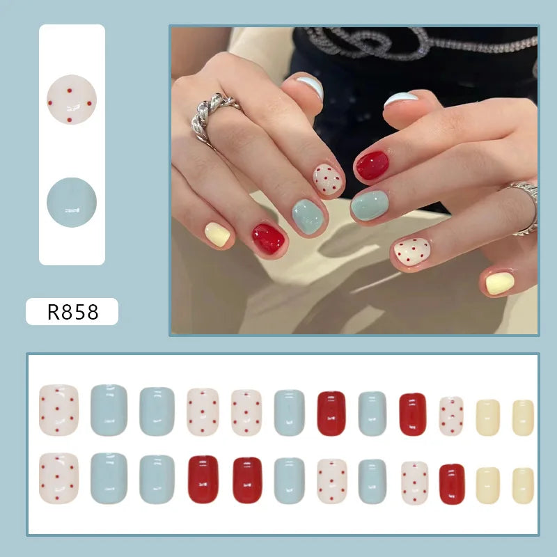 24pcs Retro Polka Press-On Nails - Cherry Red & Lake Blue Dots Short Round Shape (Multi Sizes) Coverage Nail Art Kit