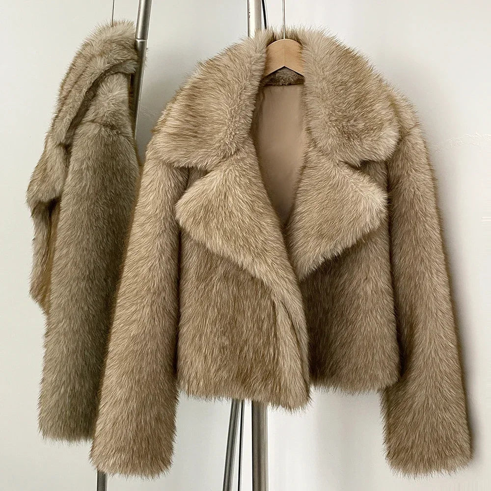 OFTBUY Faux Fur Jacket Women Fashion Vintage Turn-Down Collar Coat Long Sleeve Fur Coat Eco-friendly Autumn Winter Streetwear