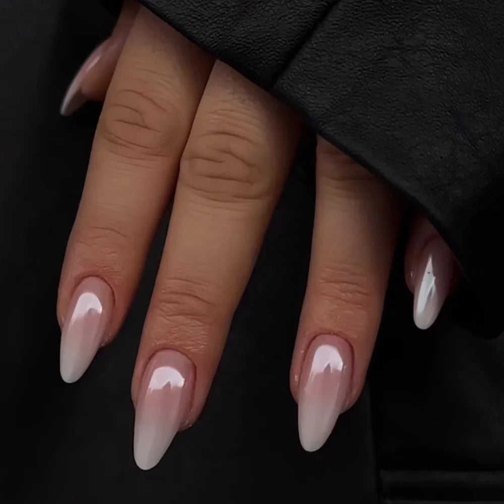 24Pcs Long Almond Fake Nails with White Edge Design Wearable French Press on False Nails Simple Full Cover Nail Tips Manicure