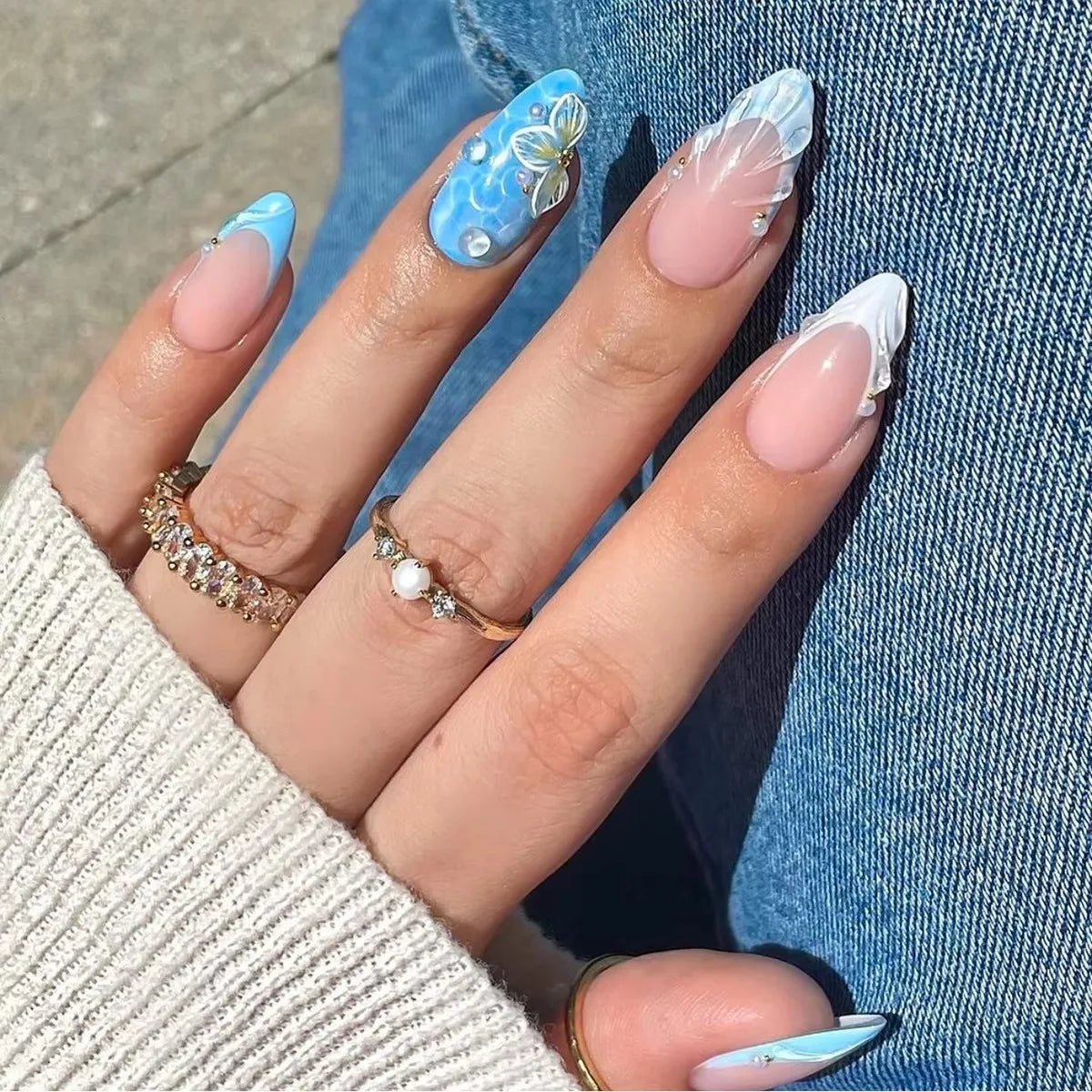 Pink Magic Mirror French 3D Flowers Nail Art Fashion Almond Wearable False Nails Detachable Finished Fake Nails Press on Nails