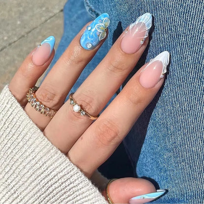 Pink Magic Mirror French 3D Flowers Nail Art Fashion Almond Wearable False Nails Detachable Finished Fake Nails Press on Nails