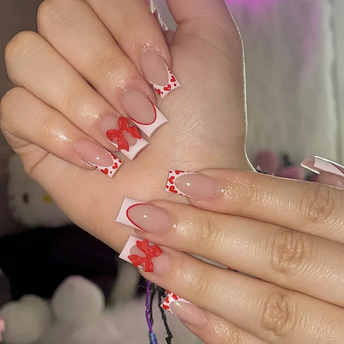 24Pcs Pink French Style Fake Nails 3D Bowknot Designs Short Square Press on Nails Sweet Korean Fashion False Nail for Women Girl