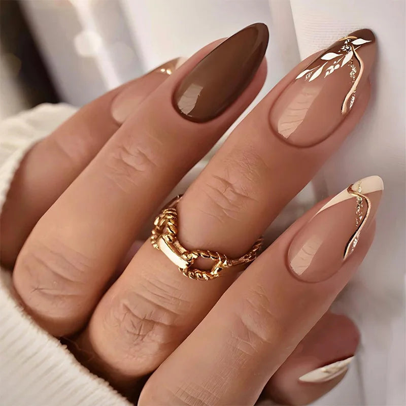 24pcs Almond False Nails Tips Summer Beach Colorful Nails Sets with Pearl Flower Design Press on Nails Art Wearable Fake Nail