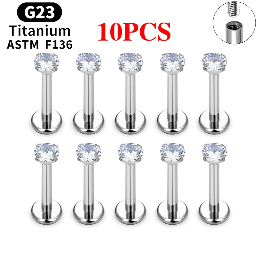 10/50PCS G23 Ttianium Piercing Labret Lip Stud Ring CZ 16G Internal Thread Stud Earring Ear Tragus Cartilage Helix Daith Jewelry