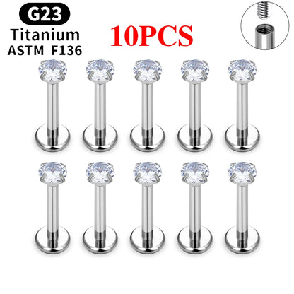10/50PCS G23 Ttianium Piercing Labret Lip Stud Ring CZ 16G Internal Thread Stud Earring Ear Tragus Cartilage Helix Daith Jewelry