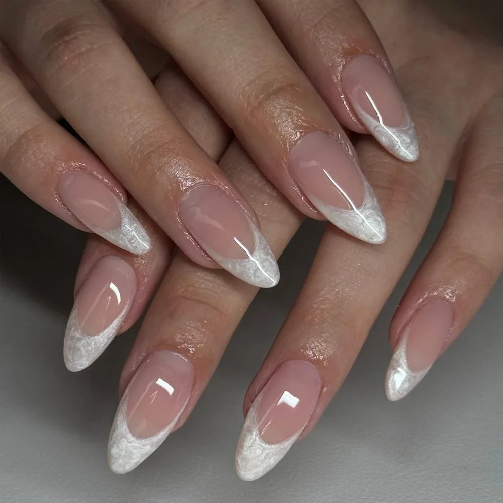 24Pcs Metallic Cat Eye French Sheer Manicure Tip Art Textured 3D Acrylic False Nails Nude Pink Almond Medium Press on Fake Nails