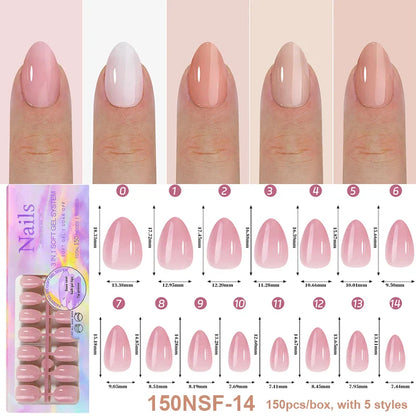 150Pcs/Box Acrylic Press on Nails Full Cover Fake False Tips Soft Gel Extension T-shaped Oval Capsule Almond Sculpted Salon DIY
