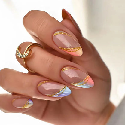 24pcs/Box Fresh Floral Almond False Nails Press On Nails Detachable Fake Nail Tip Purple with Design Manicure Patches
