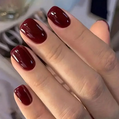 24Pcs Short Solid Color Wine Red Fake Nail Tips with Glue Glitter Square/round Head False Nails Wearable Ballet Press on Nails