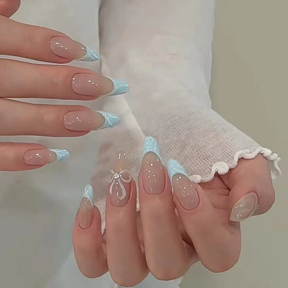 24Pcs Stiletto Press on Nails Glitter Almond False Nails French Tip Fake Nails with Glue Detachable Full Cover Acrylic Nail Tips