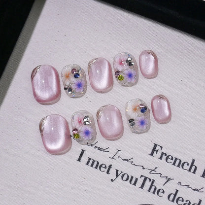 10pcs/set Handmade Press-On Nails - Blue Glossy Fish & Bubbles Design Short Oval Fake Nails with Cat Eye Effect False Nails