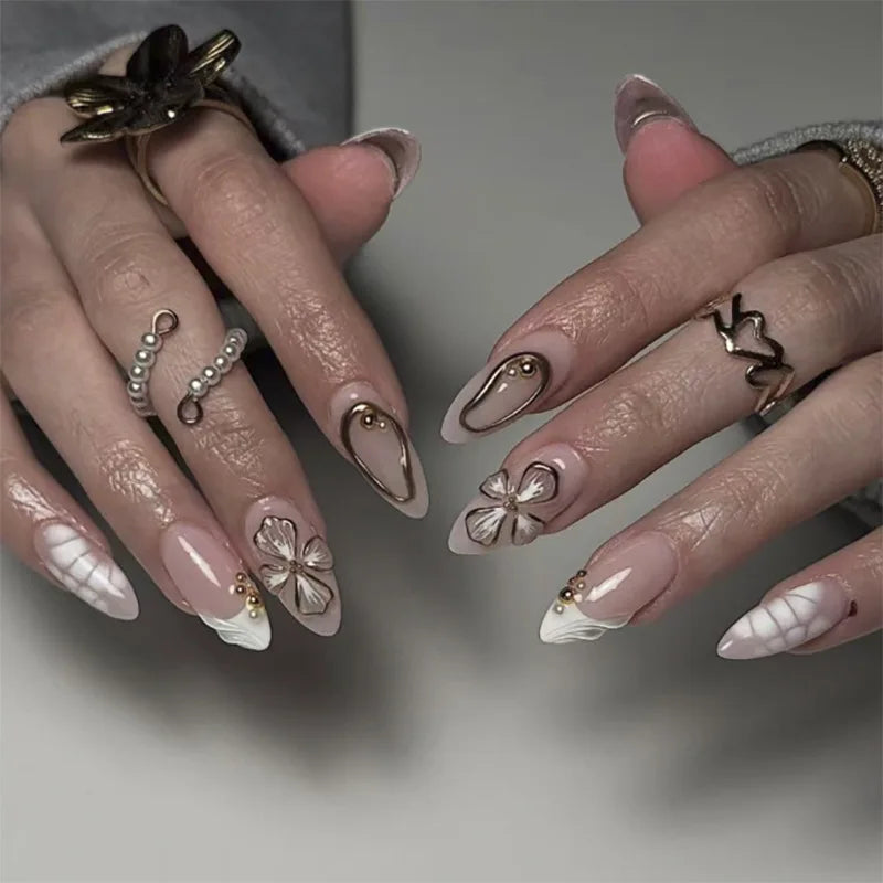 24pcs Mid-length Almond Press on Nails Sets Wearable Gradient Pink Flower Pearl Design False Nail French Fake Nail Finished Tips