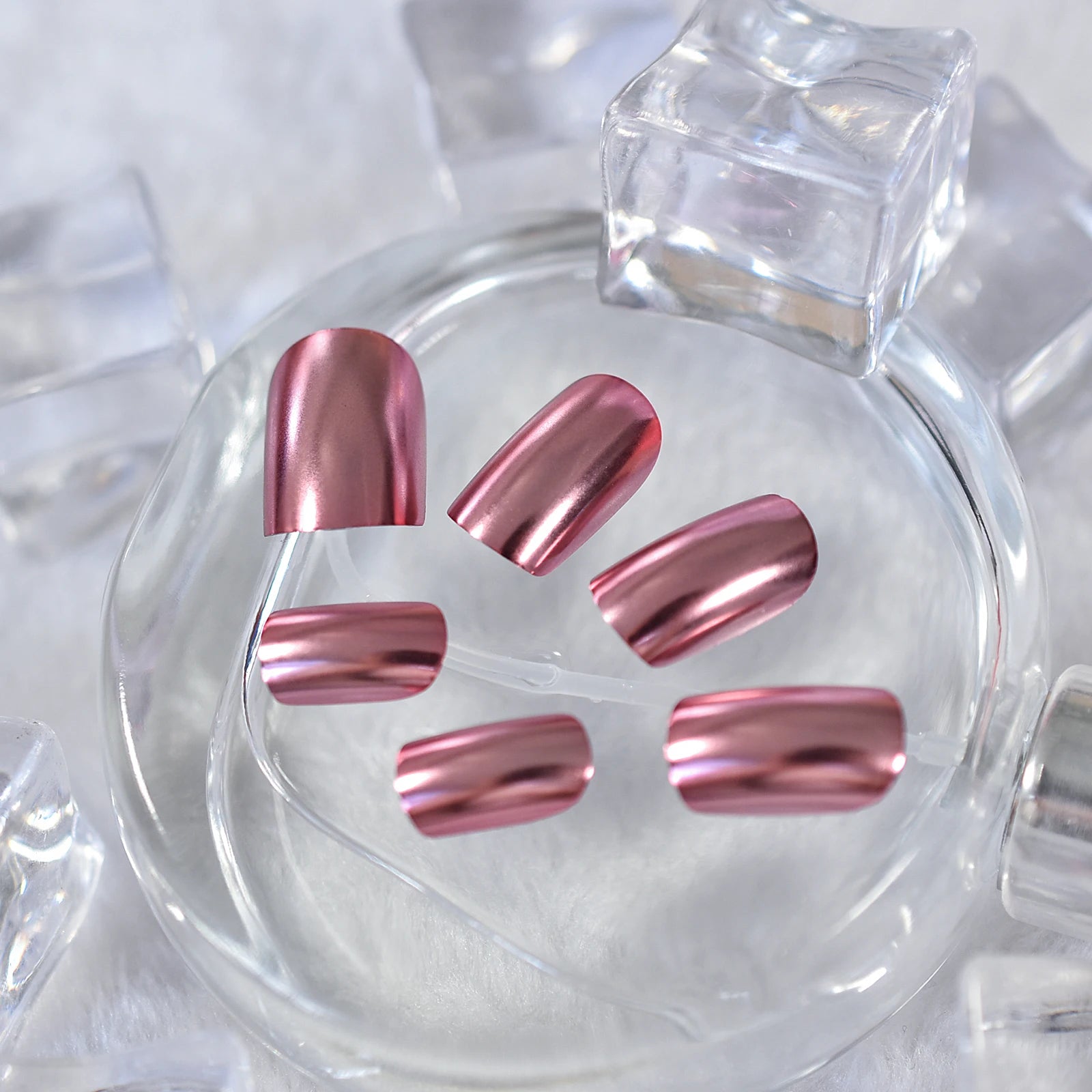 Chrome Punk Metallic PinkSquare Press On False Nails Medium Short Length Fingernails Bright Acrylic Manicure Art Tips 24pcs/Set