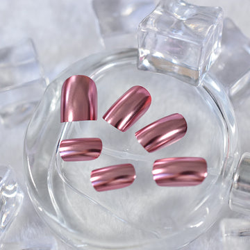 Chrome Punk Metallic PinkSquare Press On False Nails Medium Short Length Fingernails Bright Acrylic Manicure Art Tips 24pcs/Set