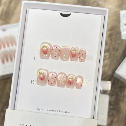 10Pcs Handmade Press on Nails Sweet Cute Fruit Full Cover Butterfly Rhinestone Short Square Ballerina Wearable Fake Nails Tips
