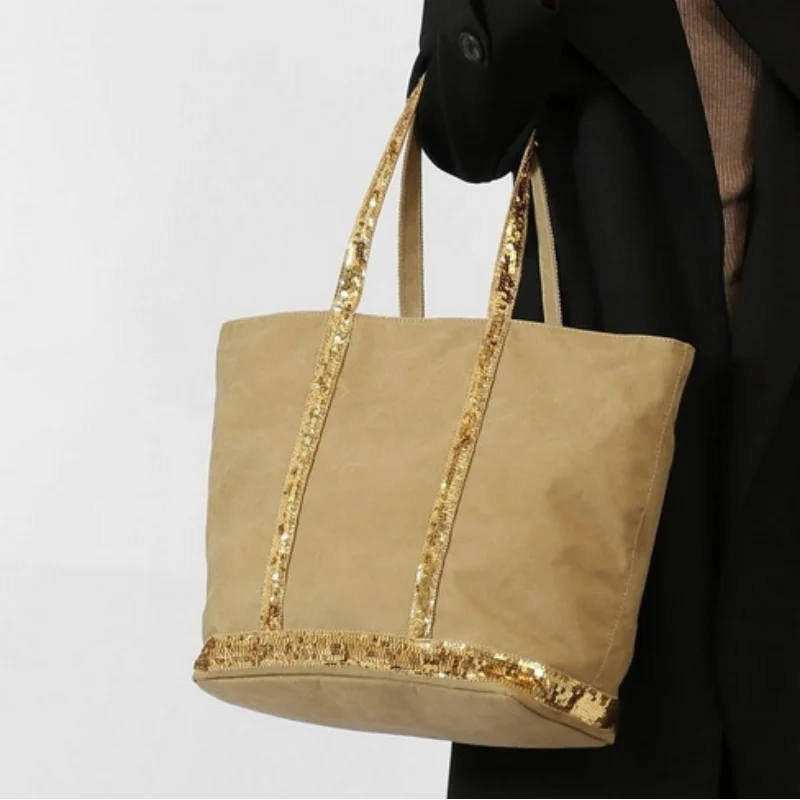 Retro Large-capacity Canvas Tote Bag Brand Contrast Color Sequins Highquality Handbag Unisex Large Travel Shoulder Messenger Bag