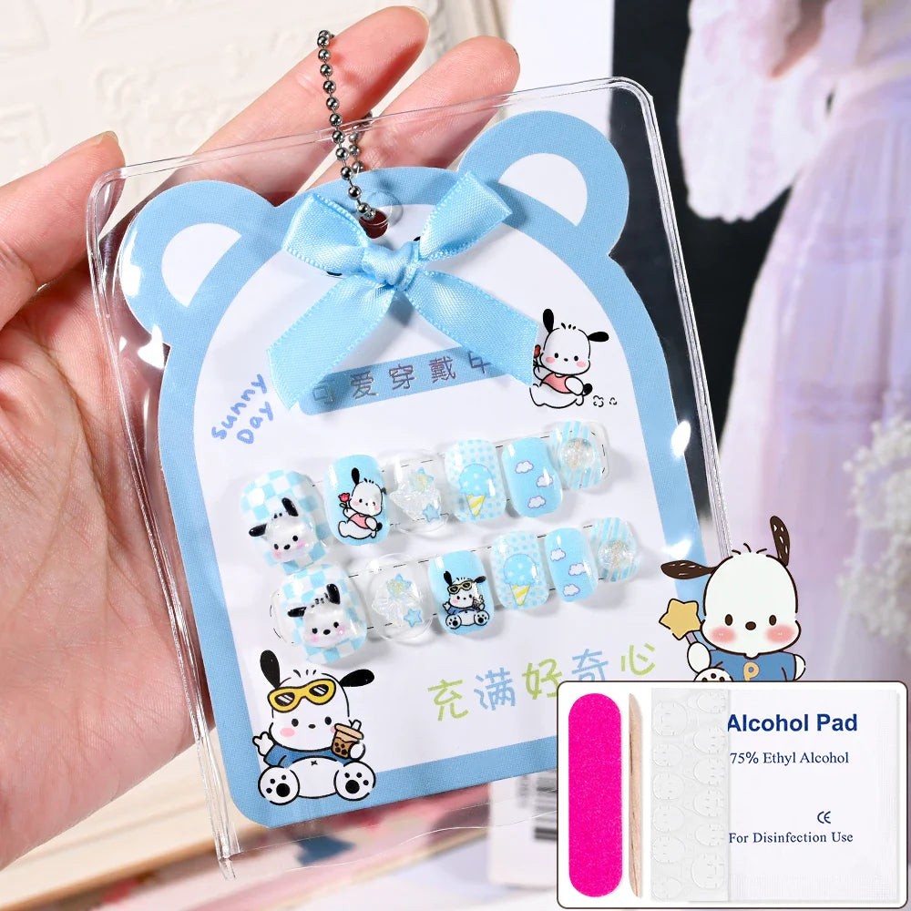 12pcs Kids 3D Stereo Sanrio Fake Nails Patch Sweet Girls Cute Cartoon Hello Kitty press on nails Kuromi Child Wearable FalseNail
