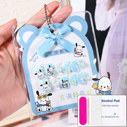 12pcs Kids 3D Stereo Sanrio Fake Nails Patch Sweet Girls Cute Cartoon Hello Kitty press on nails Kuromi Child Wearable FalseNail