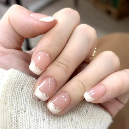 24Pcs Glitter Diamond Press On Nails Sweet Cute Girl Acrylic Nails Full Cover Short Square Fake Nails Wearable Manicure Nail Tip