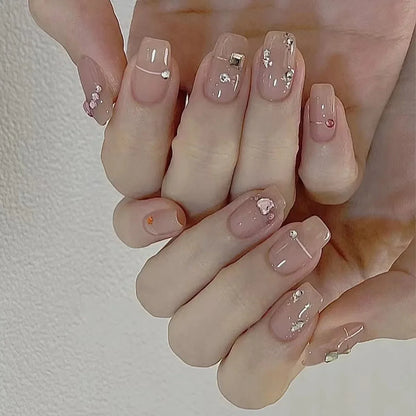 24Pcs Glitter Diamond Press On Nails Sweet Cute Girl Acrylic Nails Full Cover Short Square Fake Nails Wearable Manicure Nail Tip