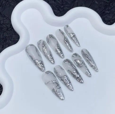 10Pcs Black Handmade Press On Nails Coffin Fake Nails Full Cover Gradient Metal Contrast Artificial Manicure Wearable Nail Tips