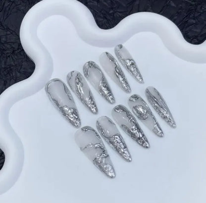 10Pcs Black Handmade Press On Nails Coffin Fake Nails Full Cover Gradient Metal Contrast Artificial Manicure Wearable Nail Tips