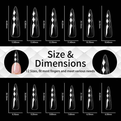 3D Diamond Rhombus False Clear Nail Tips Long Stiletto Coffin Full Cover Nail Art Decoration Tools 12 Sizes 120PC Press On Nails