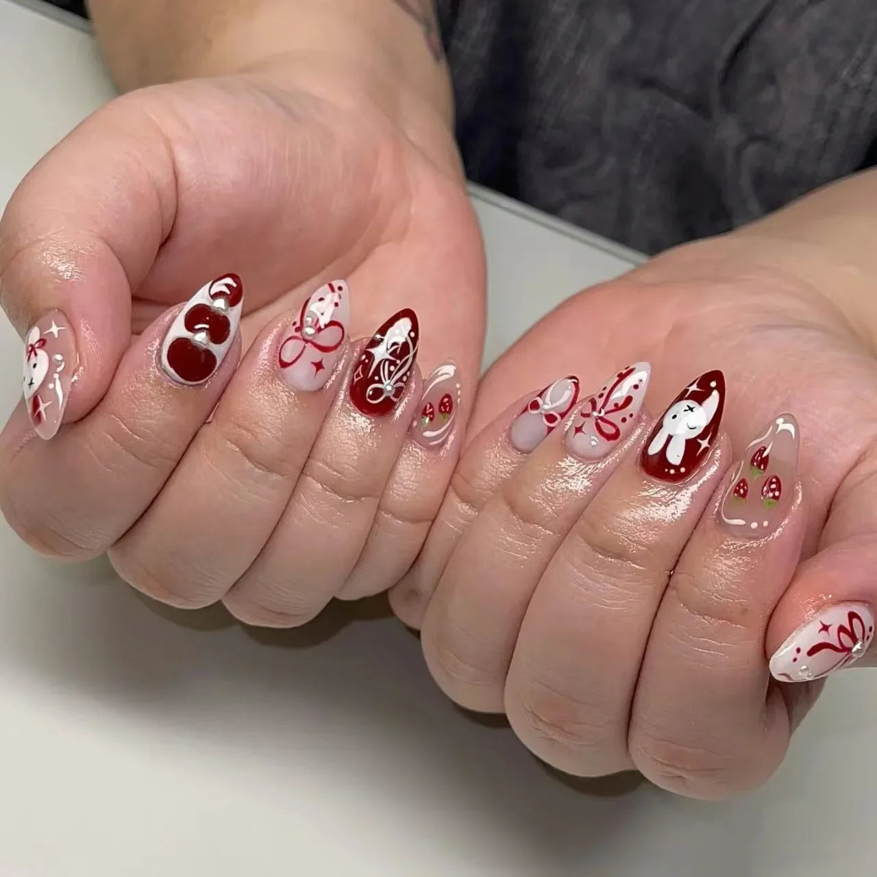 24PCS Wine Red Almond Press on Nails Cartoon Rabbit Bowknot with Plaid Pearl Designs French Fake Nails for Girls Detachable Nail