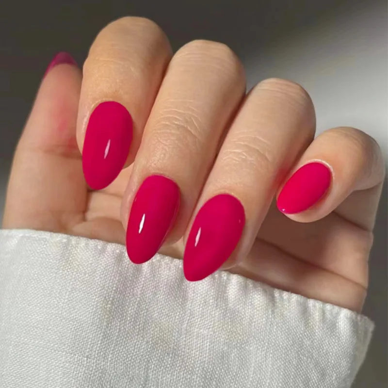24Pcs Simple Wine Red Fake Nail with Glue Mid-length Almond Press on False Nails Wearable Round Head Oval Full Cover Nail Tips