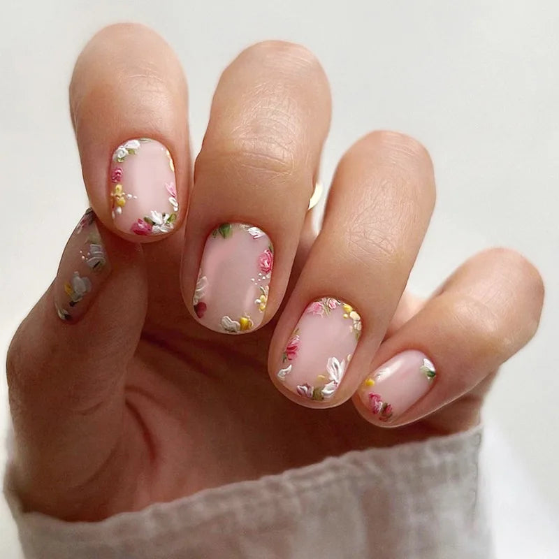 24Pcs Spring Colorful French Fake Nail with Designs Short Square Head Press on False Nails Wearable Simple Jelly Sticks on Nails