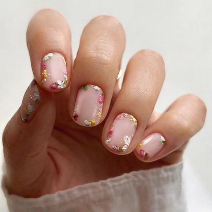 24Pcs Spring Colorful French Fake Nail with Designs Short Square Head Press on False Nails Wearable Simple Jelly Sticks on Nails