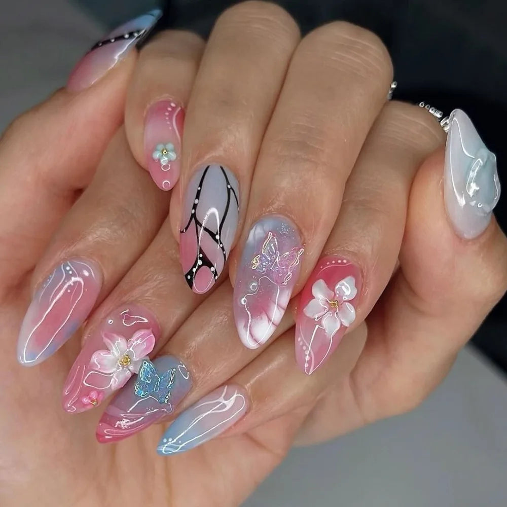 24pcs Cute False Nail Ocean Creature Pattern Stick on Nails Yellow French Short Almond Fake Nail Flower Design Press on Nails