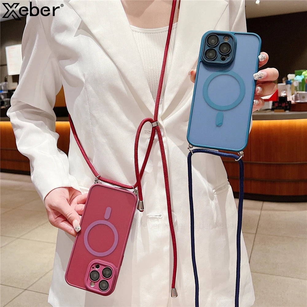 Crossbody Lanyard Cord Rope Necklace For Magsafe Magnetic Case For iPhone 17 16 15 11 12 13 14 Pro Max Matte Clear Charge Cover