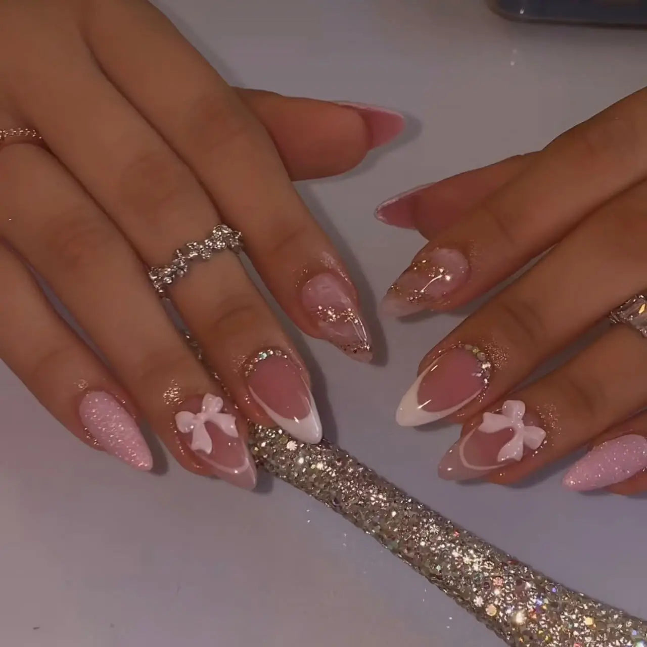 24Pcs Stiletto Press on Nails Glitter Almond False Nails French Tip Fake Nails with Glue Detachable Full Cover Acrylic Nail Tips