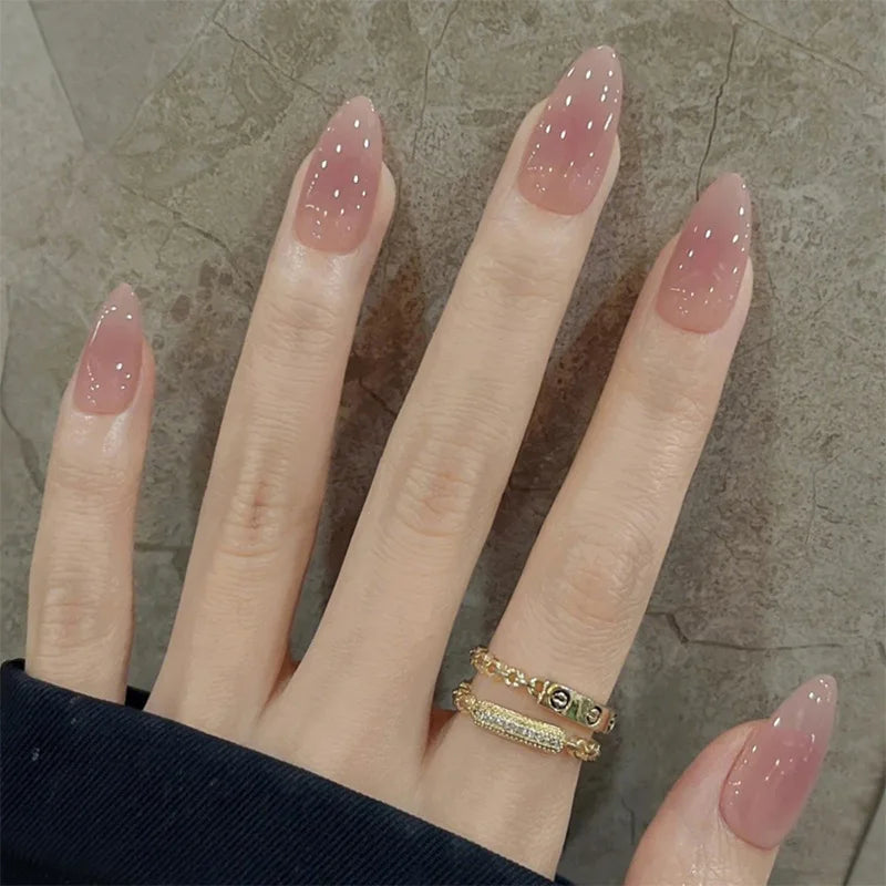 24pcs/Box Long Coffin False Nails Art Rose with Glue Wearable Nude Pink White Color Jelly Nails Tips Full Cover Press on Nails