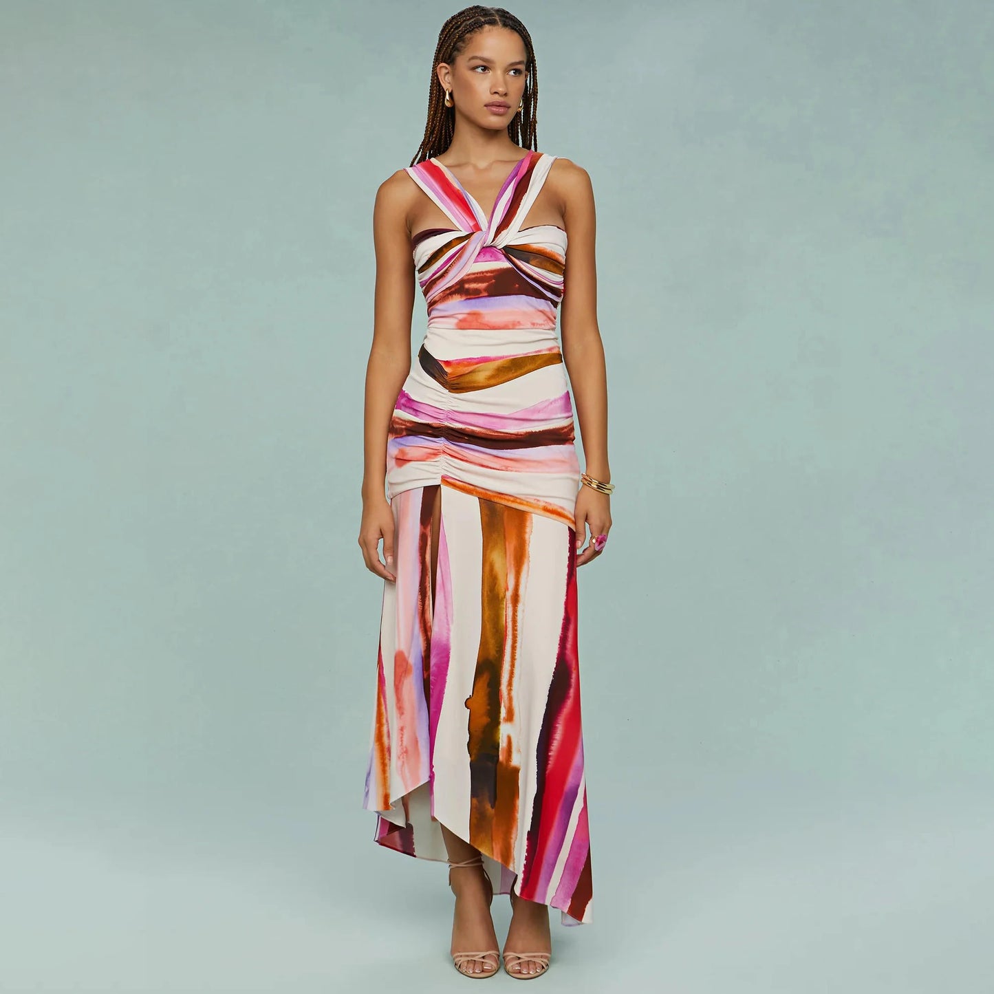 2Pcs Striped Swimsuit With Long Skirt Sexy Women Bikini Push Up Swimwear Halter Biquini Female Bathing Suit Slimming Beachwear