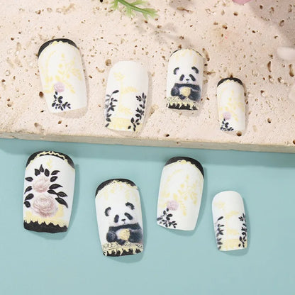 24Pcs Cute Square Stick on Fake Nail with Cartoon Panda Flower Pattern French Nail Art Acrylic Detachable Fashion False Nail Tip