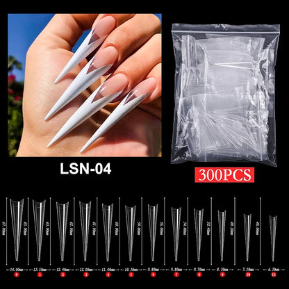 Super Long Sharp Nail Tips Fake Natural Transparent False Nails Durable Extension Acrylic UV Gel Manicure Salon Tools Supplies