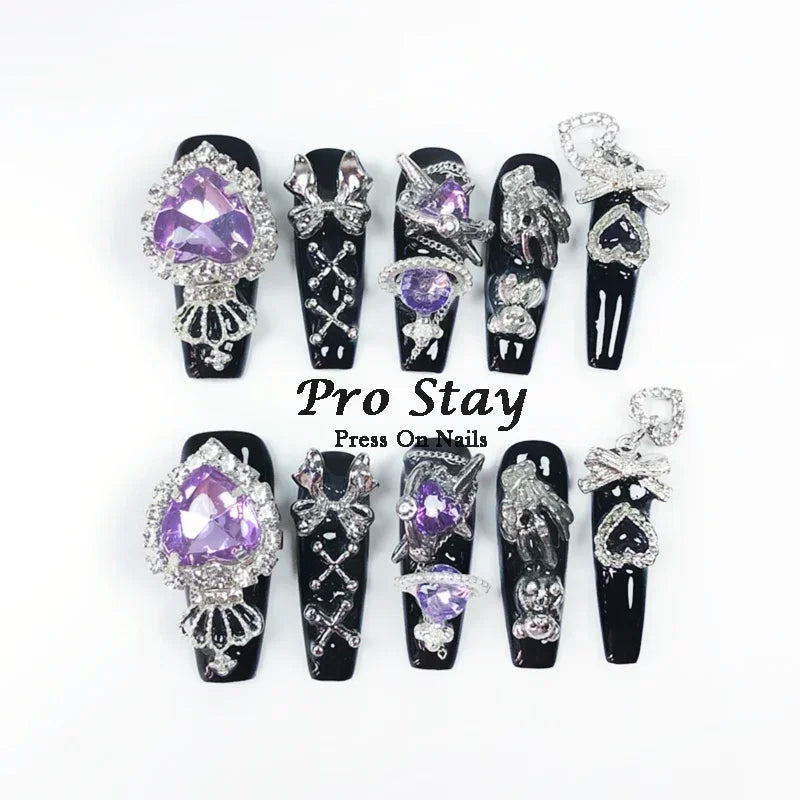 10pcs Dark black Y2k Hot Girl Handmade Press On Nails Sweet Cool  With Diamond Metal Decoration Wearable Artificial False Nail