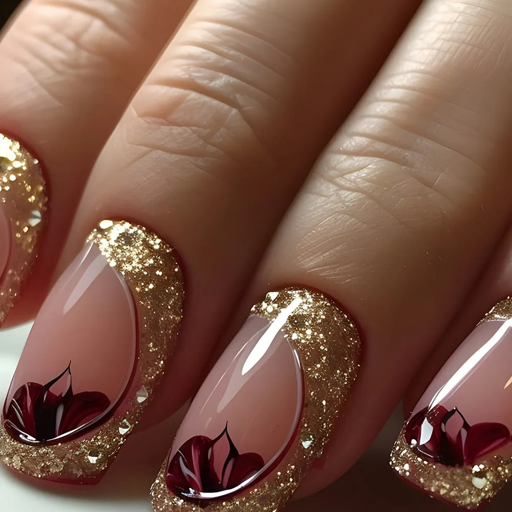 24pcs Press on Nails Flower Design Mid-length Ballet False Nail Fashion Brown Full Cover Manicure Tips Datachable Fake Nails Set