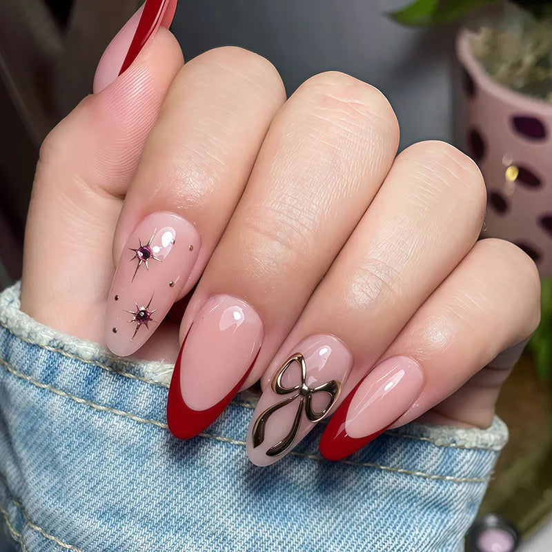 24pcs Cat's Eye Press on Nails Sets Simple Red Long Almond Fake Nails Tips Bow Design False Nail Rhinestone Round Head Manicure