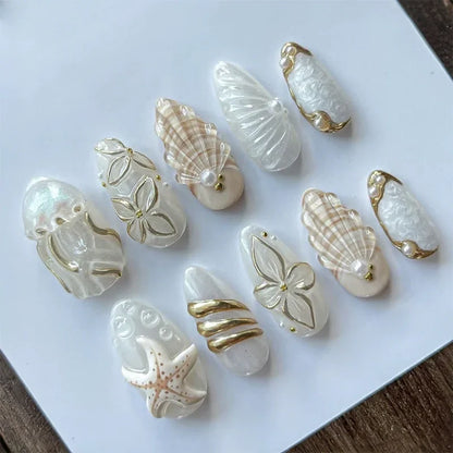 24pcs French Almond Press on Nails Flower False Nails Wearable Stick-on Nails Fake Nail Uñas Postizas Mujer Накладные Ногти 네일팁