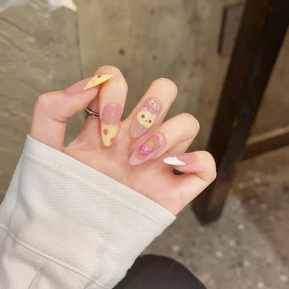 10Pcs Almond Press on Nails with Pink Strawberry Bear Design Acrylic False Nails Cute Full Cover Sweet Girl Wearable Nail Tips