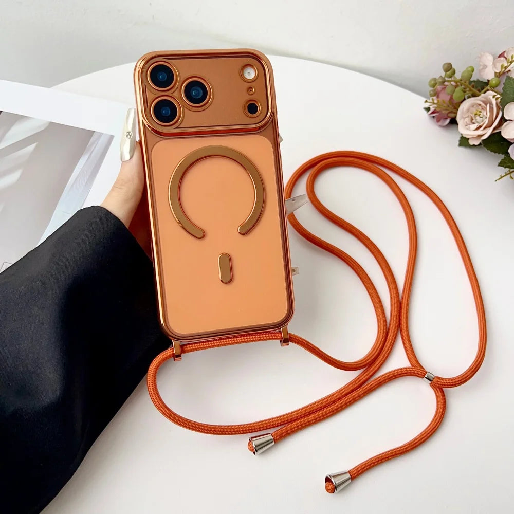 Luxury Necklace Cord Rope Lanyard Plating Magnetic Clear Phone Case For iPhone 17 16 14 11 12 13 15 Pro Max For Magsafe Cover