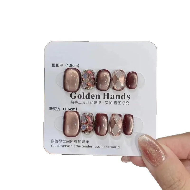 10pcs Press On Nails Lava Black Chocolate Maillard Check False Nail for Women&Girl Removable Wearable False Nail Art Daily Wear
